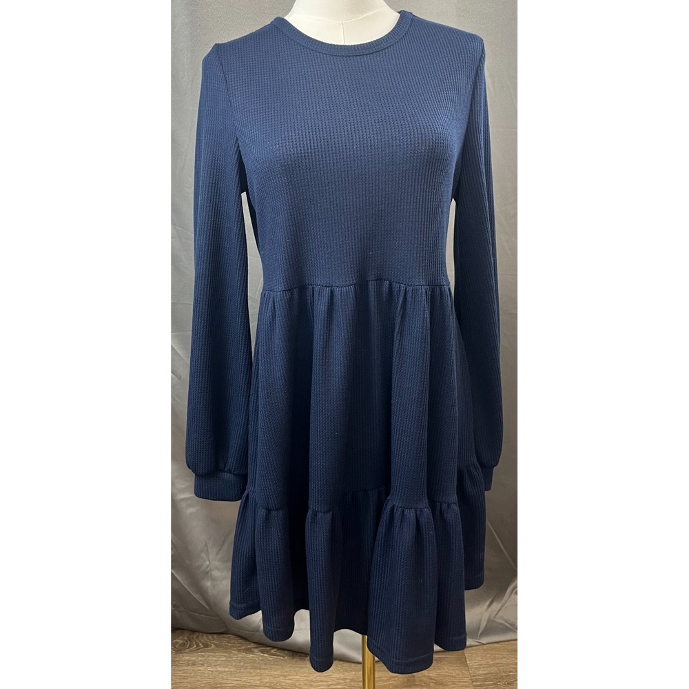 SheIn Womens Navy Blue Waffle Knit Tiered Long Sleeve Mini Dress Size Large